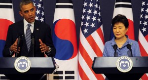 President Barack Obama speaking alongside South Korean President Park Geun-hye. Source: Getty